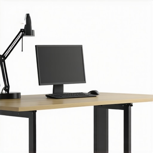 Desk setup with adjustable lamp preventing glare on the screen.