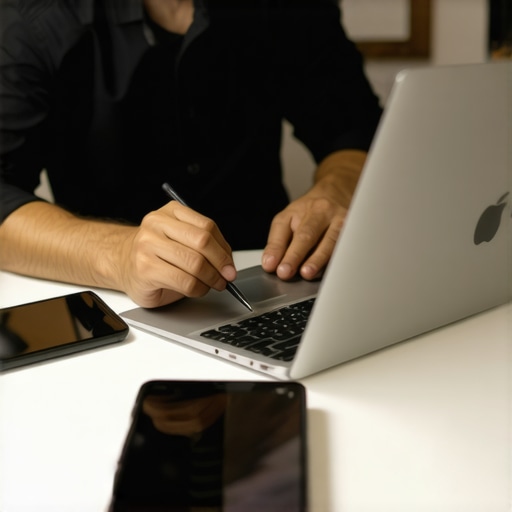 Person maintaining a laptop with precision tools and cleaning devices in a well-organized home office.