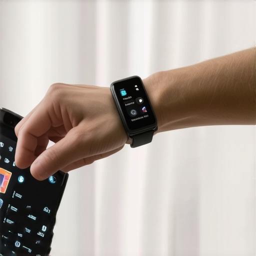 Person customizing a fitness tracker on their wrist in a home office setting