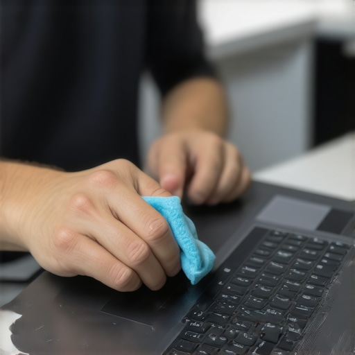 Professional Laptop Screen Cleaning A technician carefully cleaning a laptop screen with a microfiber cloth and cleaning solution