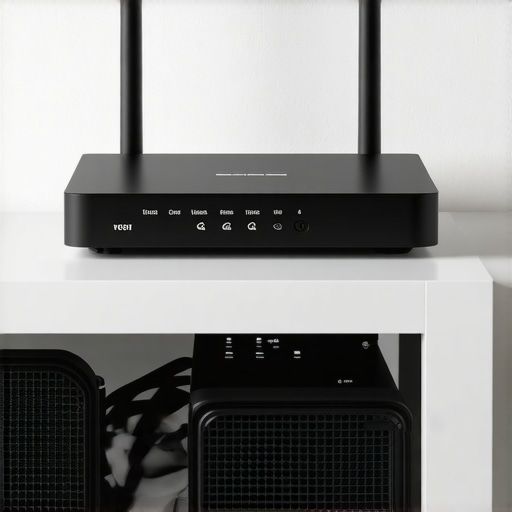 Proper Ventilation for WiFi Hub WiFi mesh hub on a ventilated shelf with small cooling fans to prevent overheating.