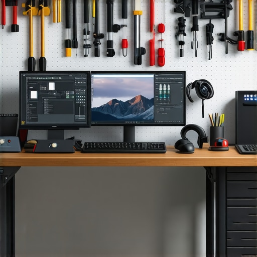 A modern home office desk with organized tools, gadgets, and maintenance devices ensuring smooth operation
