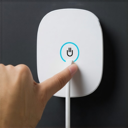 Person pressing reset button on smart plug to fix connectivity problems.