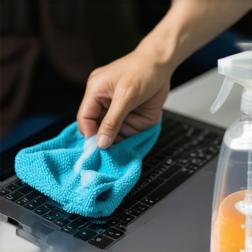 Person gently cleaning laptop display with microfiber cloth and cleaning spray