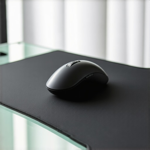 Close-up view of a rubber-backed mouse pad preventing slips on a glass desk