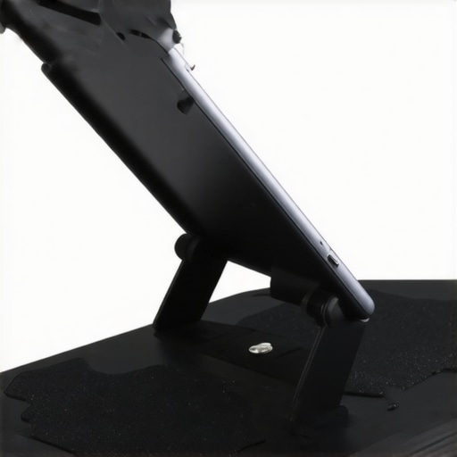 Secure Tablet Stand Setup A detailed shot of a tablet stand reinforced with anti-slip pads and weights for stability.