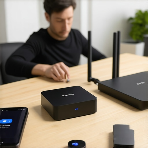 A modern router connected to multiple smart devices in a well-organized home environment