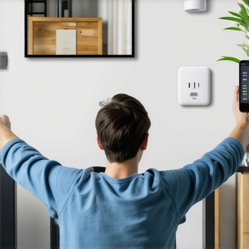A person installing adhesive smart sensors and plugs in an apartment