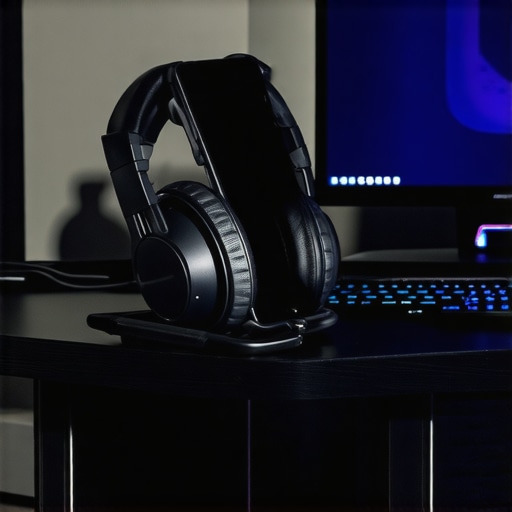 A smartphone positioned on a stand connected to a gaming PC, ready for voice chat