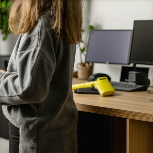 Tech Maintenance Routine for Longevity Person cleaning a modern home office workspace with tech gadgets.