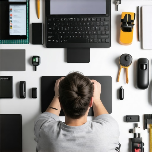 A person using cleaning tools on a laptop and smartphone in a clean office environment