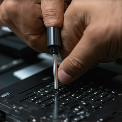 Person using screwdriver and compressed air to clean a laptop for maintenance