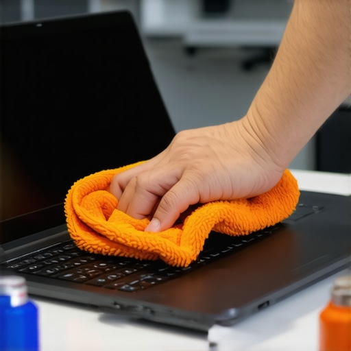 Person using microfiber cloth and compressed air for device cleaning in a tidy office environment.