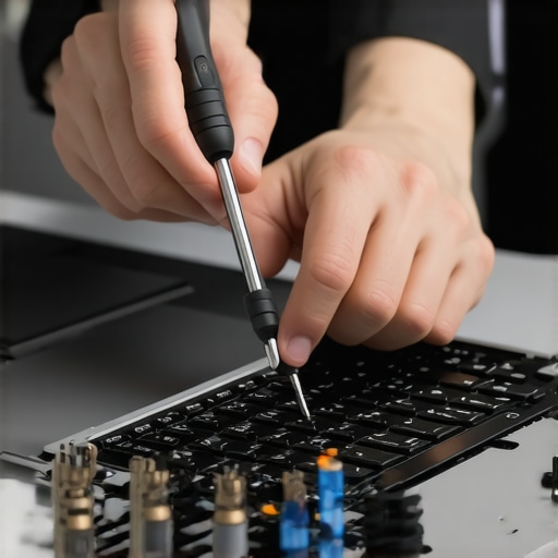 Technician Repairing Laptop with Precision Screwdrivers A person using specialized screwdrivers to carefully repair a laptop at a workstation.