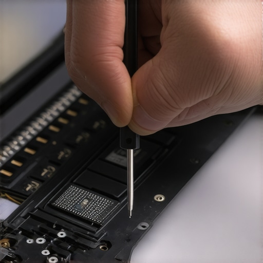 Toolset for Long-Term Device Care A person's hand delicately repairing a laptop with precision tools and a cleaning kit