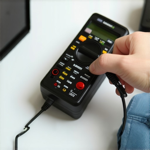 Person testing a USB cable with a digital multimeter to ensure proper charging voltage in an organized home office.