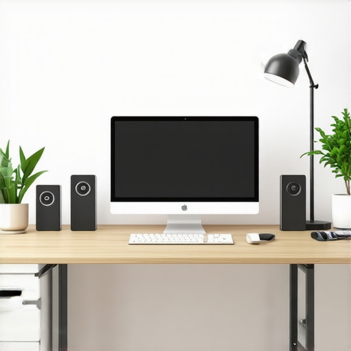 Well-Optimized Modern Home Office A sleek home office featuring multiple smart devices, ergonomic furniture, and a high-resolution monitor.