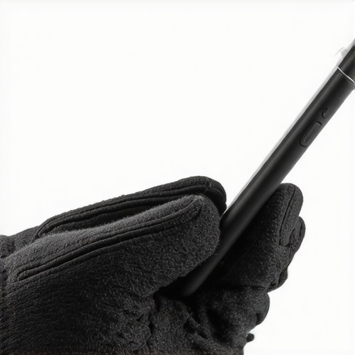 Close-up of gloves designed for touchscreen use in winter holding a smartphone