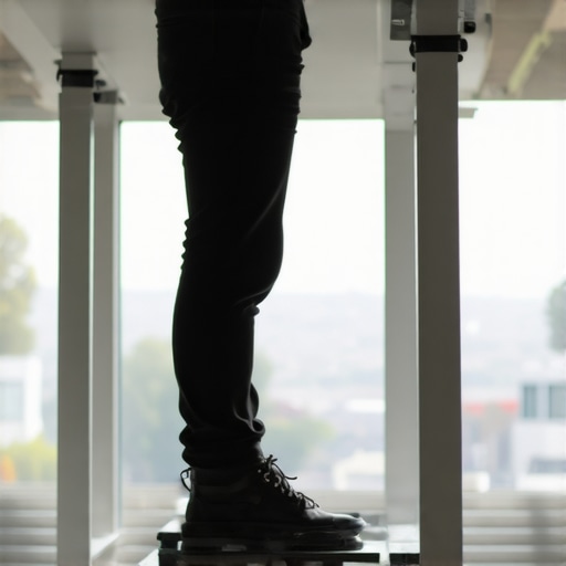 A tall man using a balance board at his standing desk to prevent muscle fatigue.