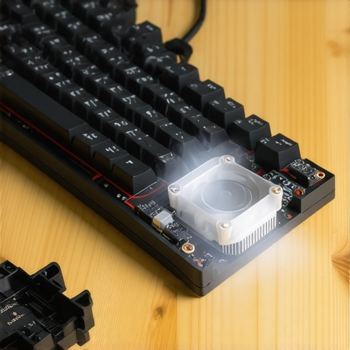 A mechanical keyboard being aired out with a small fan to remove manufacturing odors.