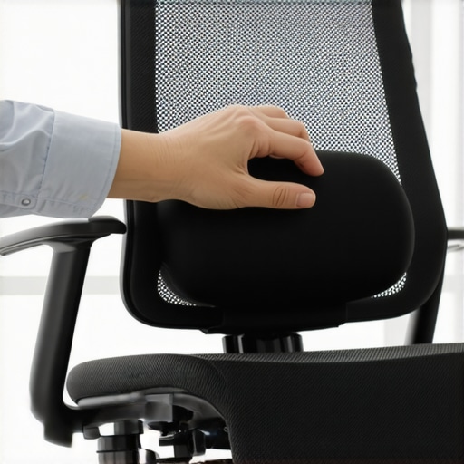 Close-up of adjusting a lumbar support cushion on an office chair for better posture.