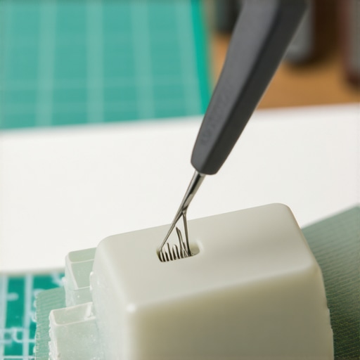 Hands using tweezers to align a mechanical keyboard stabilizer wire for smoother key movement.