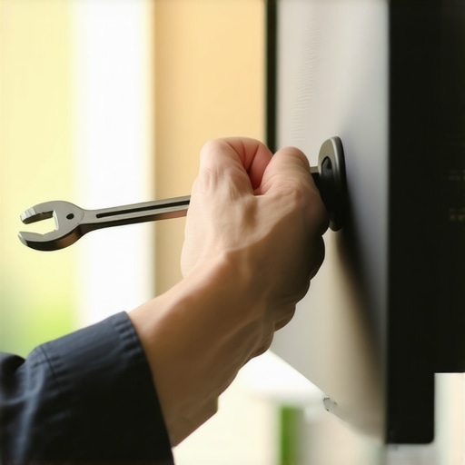 A person maintaining a professional monitor arm setup with a tool