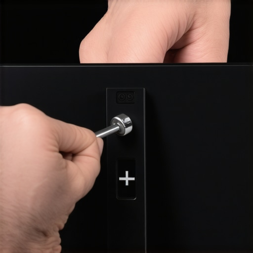 Close-up of adjusting a monitor arm tension bolt with an Allen key for stability.