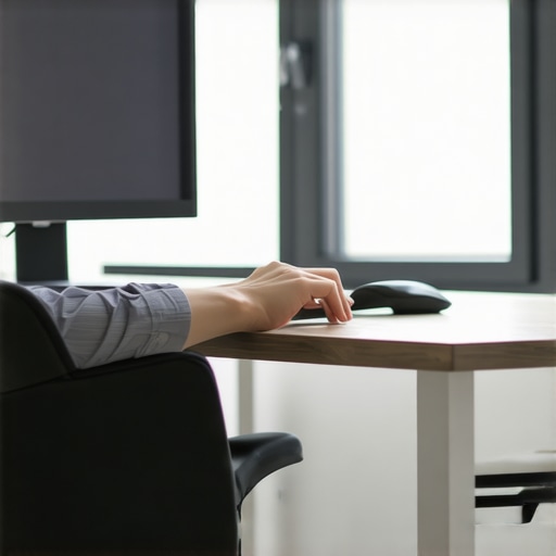 A person adjusting the tilt angle of a computer monitor in a home office to reduce glare and improve posture.