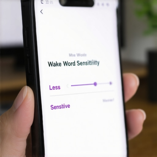 Smartphone screen showing the wake word sensitivity adjustment slider for a smart home assistant app.