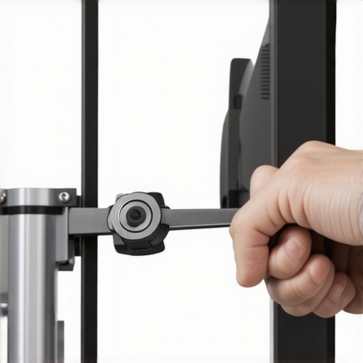 Close up of a person tightening a hex bolt on a monitor arm to fix sagging.