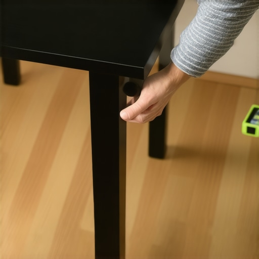 Close-up of a person leveling a standing desk foot for better stability