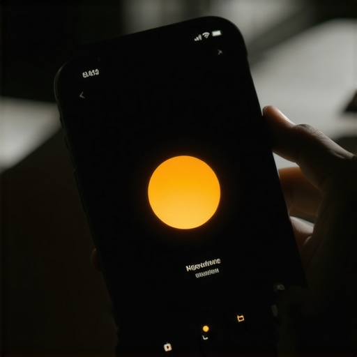 Hand adjusting the blue light filter intensity on a mobile phone screen in the dark.