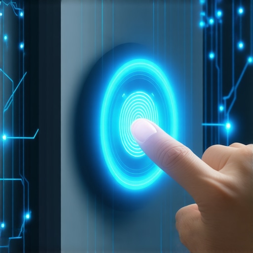 Close up of a smart lock fingerprint scanner with a digital interface glow.