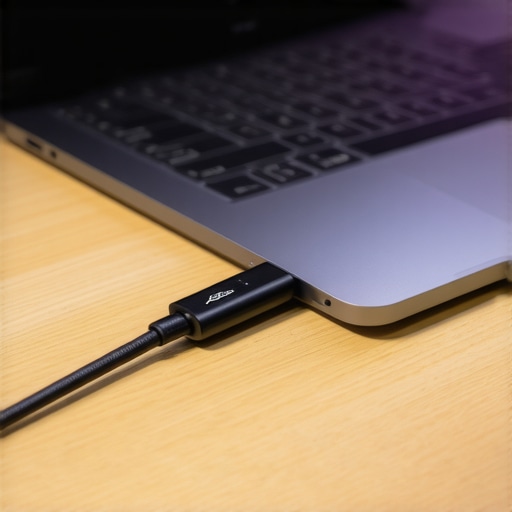 Close up of a GaN charger and USB-C cable for high-speed power delivery