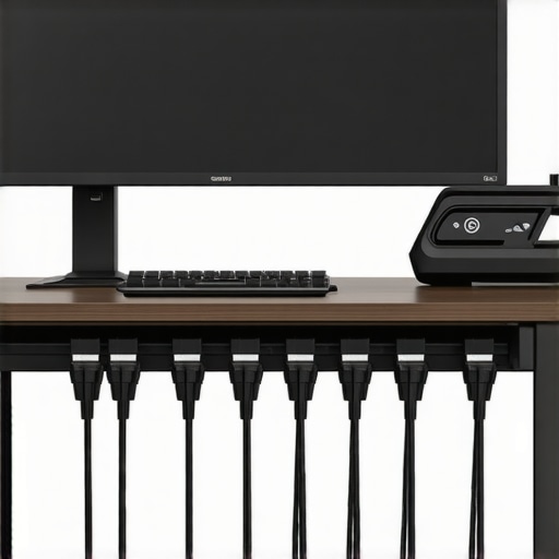 Close-up of magnetic cable clips organizing wires on a metal desk frame for heat dissipation and organization.