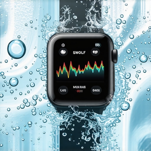 Advanced Swim Metrics on Smartwatch Close up of a smartwatch displaying advanced swimming data underwater.