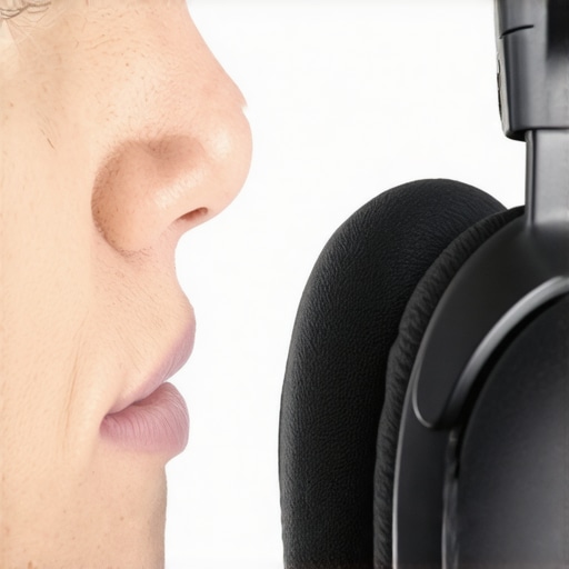 A detailed macro shot of headphone padding and its contact point with the jaw to illustrate acoustic sealing.