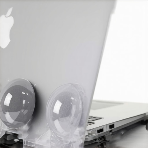 Clear silicone bumper being attached to the bottom of a laptop to prevent sliding.