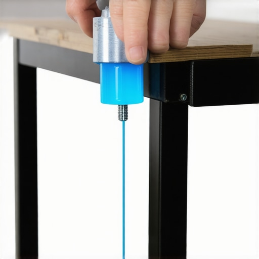 Close up of blue Loctite being applied to a desk bolt for stability