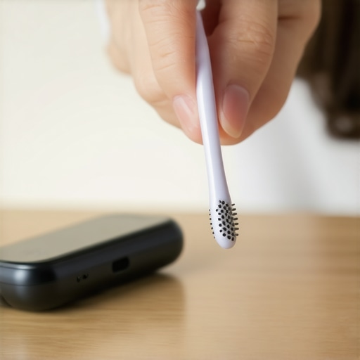 Cleaning Earbud Mesh with a Soft Brush Close-up of a person using a small brush to remove debris from an earbud speaker mesh.