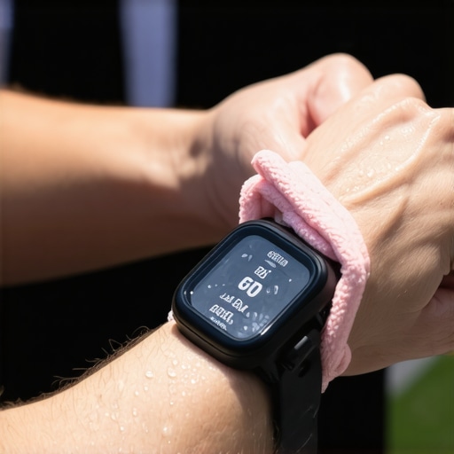A close up of a hand cleaning the sensor on the back of a smartwatch with a cloth.
