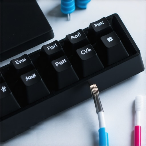 Cleaning Mechanical Keyboard Spacebar Stabilizers Close up of a mechanical keyboard with spacebar removed for stabilizer maintenance.