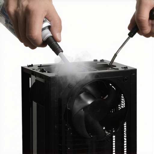 Cleaning PC Fans with Compressed Air Hands cleaning a dusty PC fan with compressed air to reduce noise and improve cooling.