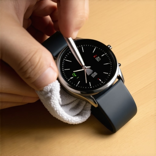 A person cleaning the heart rate sensor on a smartwatch with a brush.