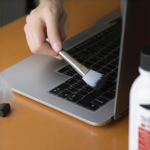Cleaning a Laptop Keyboard with Professional Tools Close up of cleaning laptop keys with isopropyl alcohol and brush