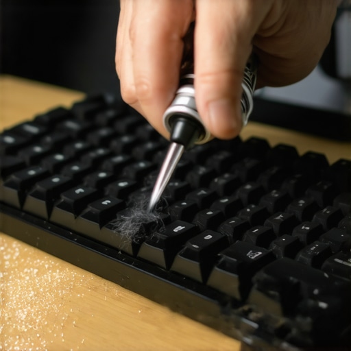 Cleaning a Mechanical Keyboard with Compressed Air A person using a can of compressed air to remove dust from a mechanical keyboard without removing keycaps.