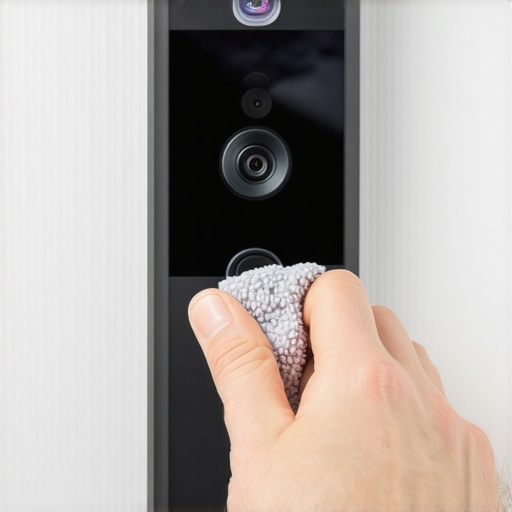 Person cleaning the lens of a smart video doorbell with a microfiber cloth to improve motion detection.