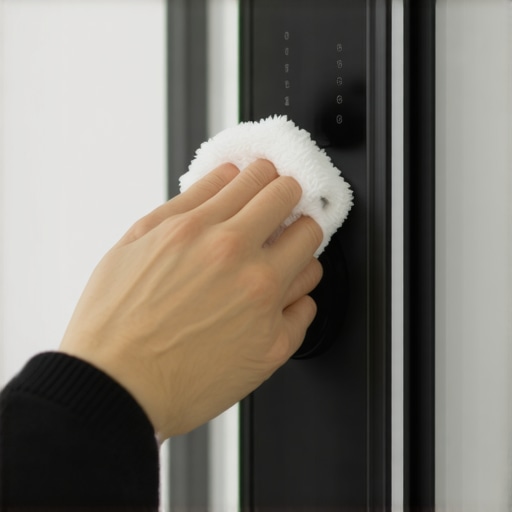 A hand using a microfiber cloth to clean a smart lock fingerprint sensor to improve biometric recognition.