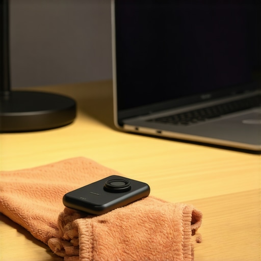 Close-up of cleaning a smart ring with a microfiber cloth on a desk